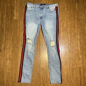 Serenade Mens Jeans Size 38x32 Slim Leg Red Racing Stripe Distressed Raw Blue